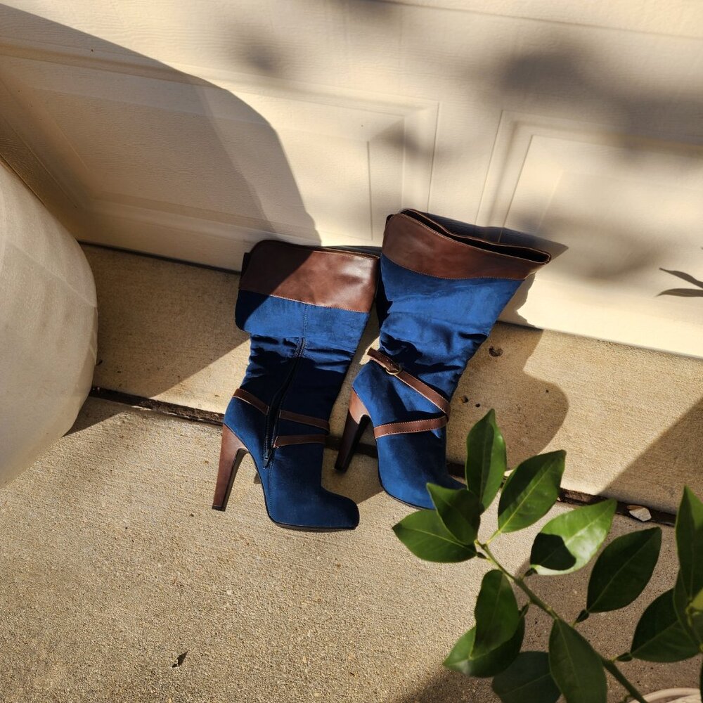 Y2K Western-Inspired Cowboy Chic Brand-New Blue Suede Women’s Knee Boots Size 9 - Picture 8 of 15